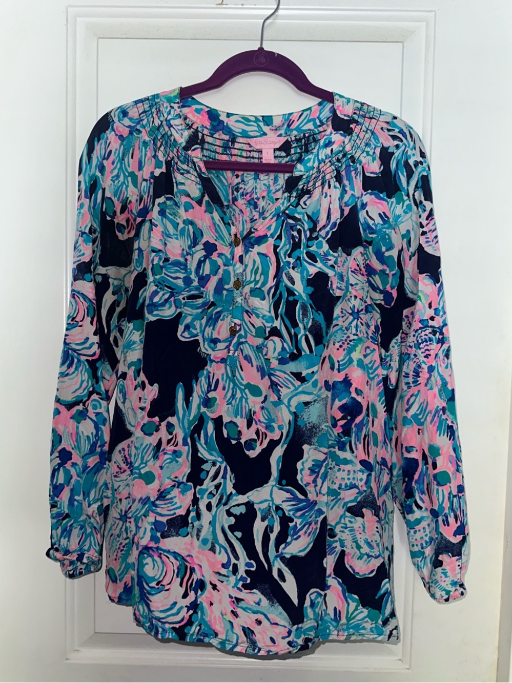 Lilly Pulitzer Elsa Silk Top Navy Floral - Pink & Turquoise